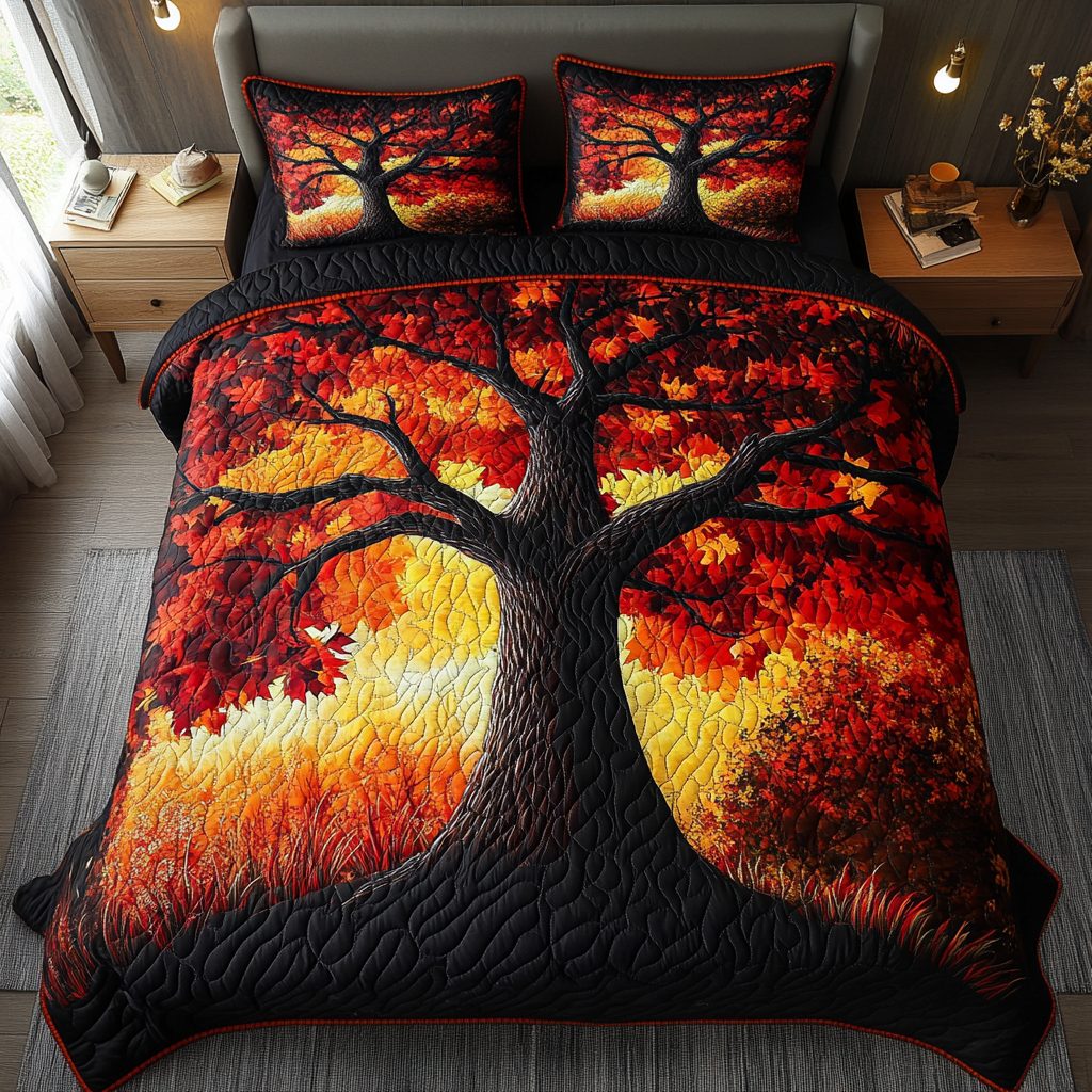 Falling Leaves quilted 3-piece bedding set on a made bed with two matching pillow shams