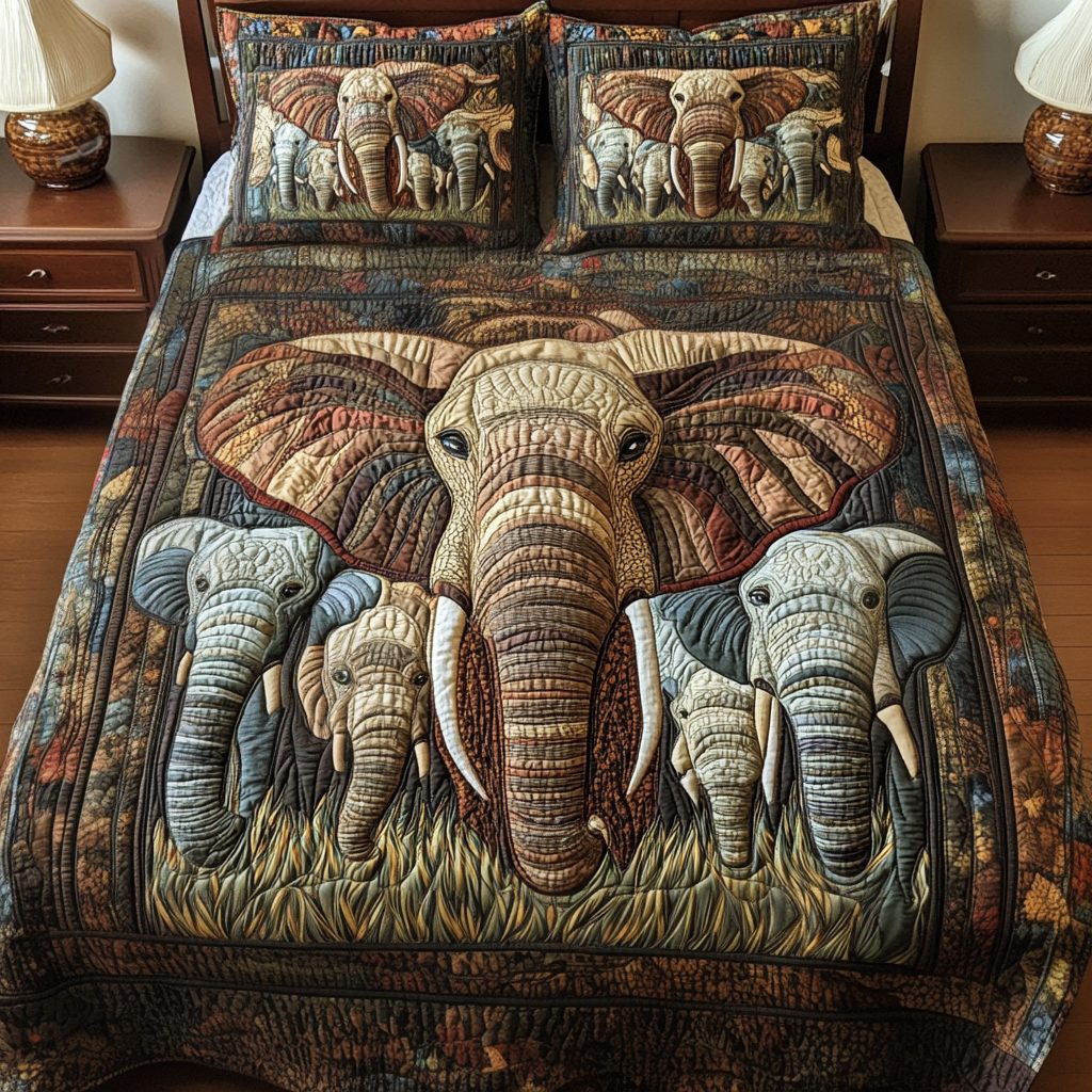 Family Bond Elephant quilted 3-piece bedding set on a made bed with two matching pillow shams