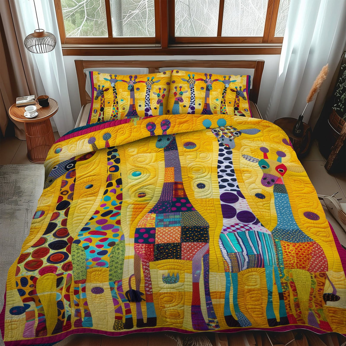 Fantastical Giraffes quilted 3-piece bedding set on a made bed with two matching pillow shams