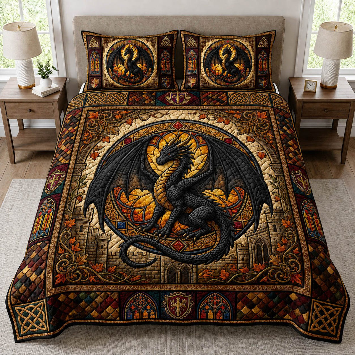 Fantasy Dragon quilted 3-piece bedding set on a made bed with two matching pillow shams
