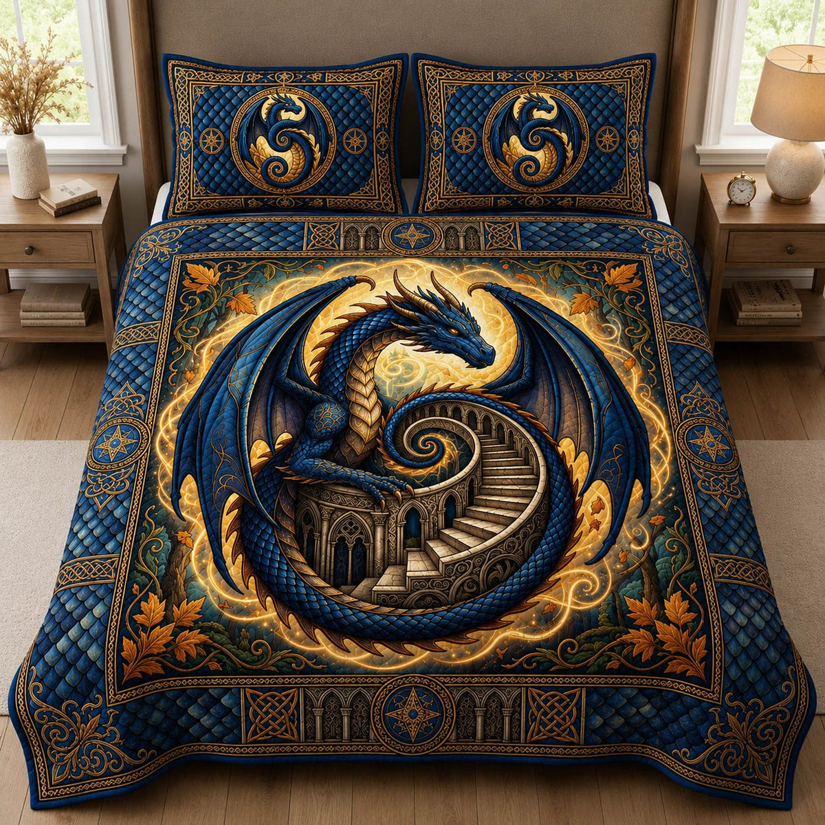 Fantasy Dragon quilted 3-piece bedding set on a made bed with two matching pillow shams