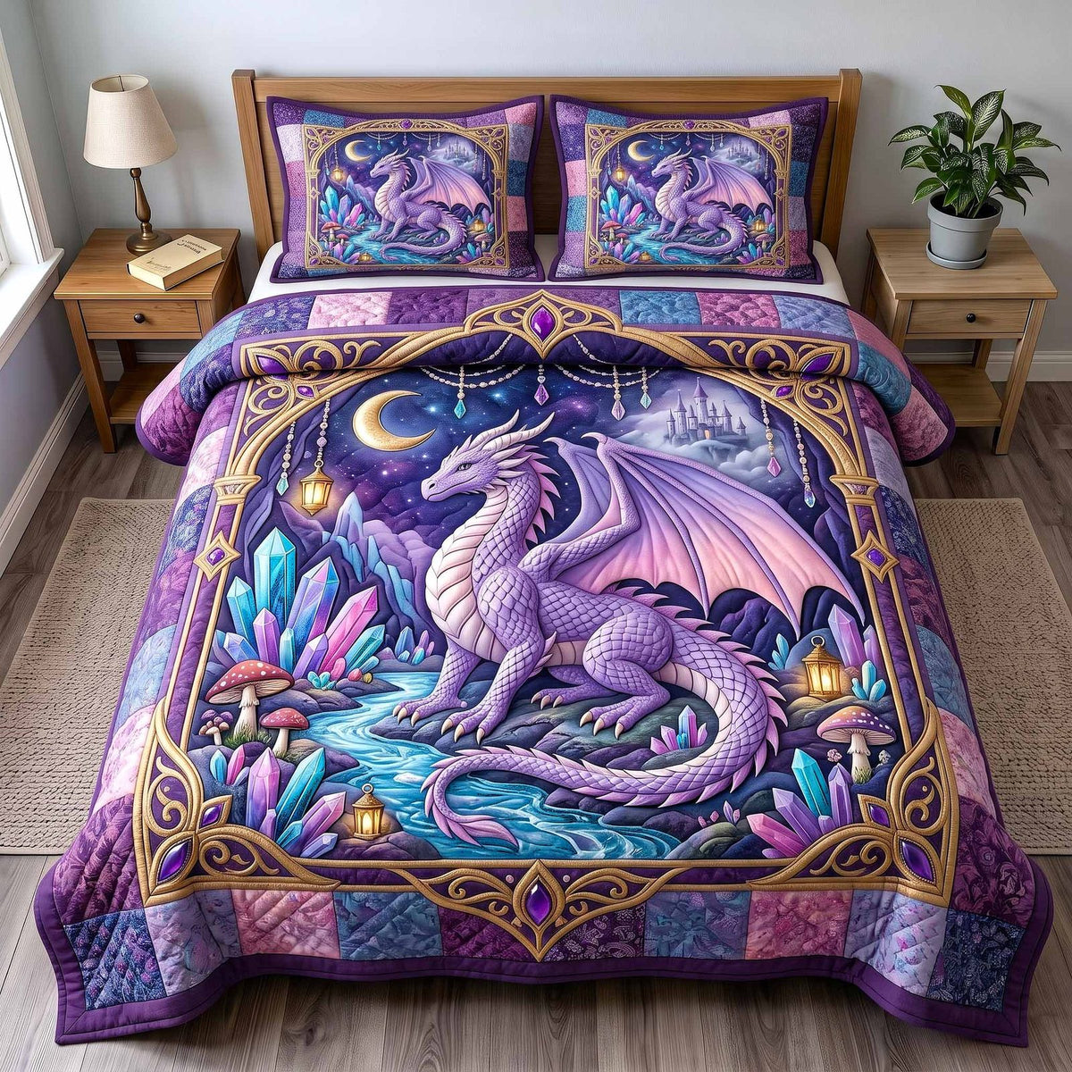 Fantasy Flame quilted 3-piece bedding set on a made bed with two matching pillow shams