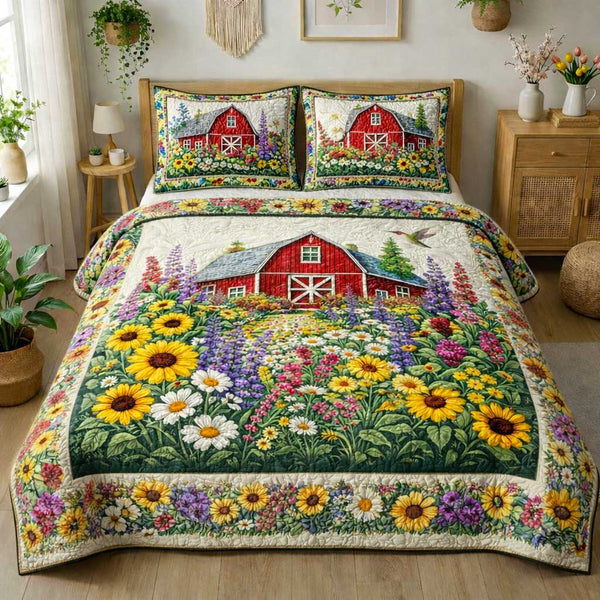 Farm Bloom quilted 3-piece bedding set on a made bed with two matching pillow shams