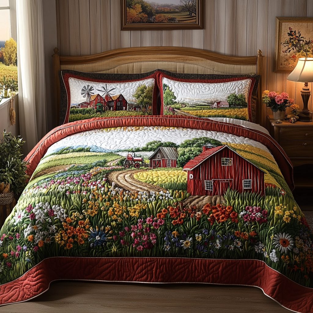 Farm Charm quilted 3-piece bedding set on a made bed with two matching pillow shams