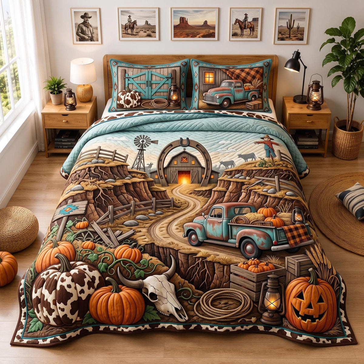 Farm Gateway quilted 3-piece bedding set on a made bed with two matching pillow shams