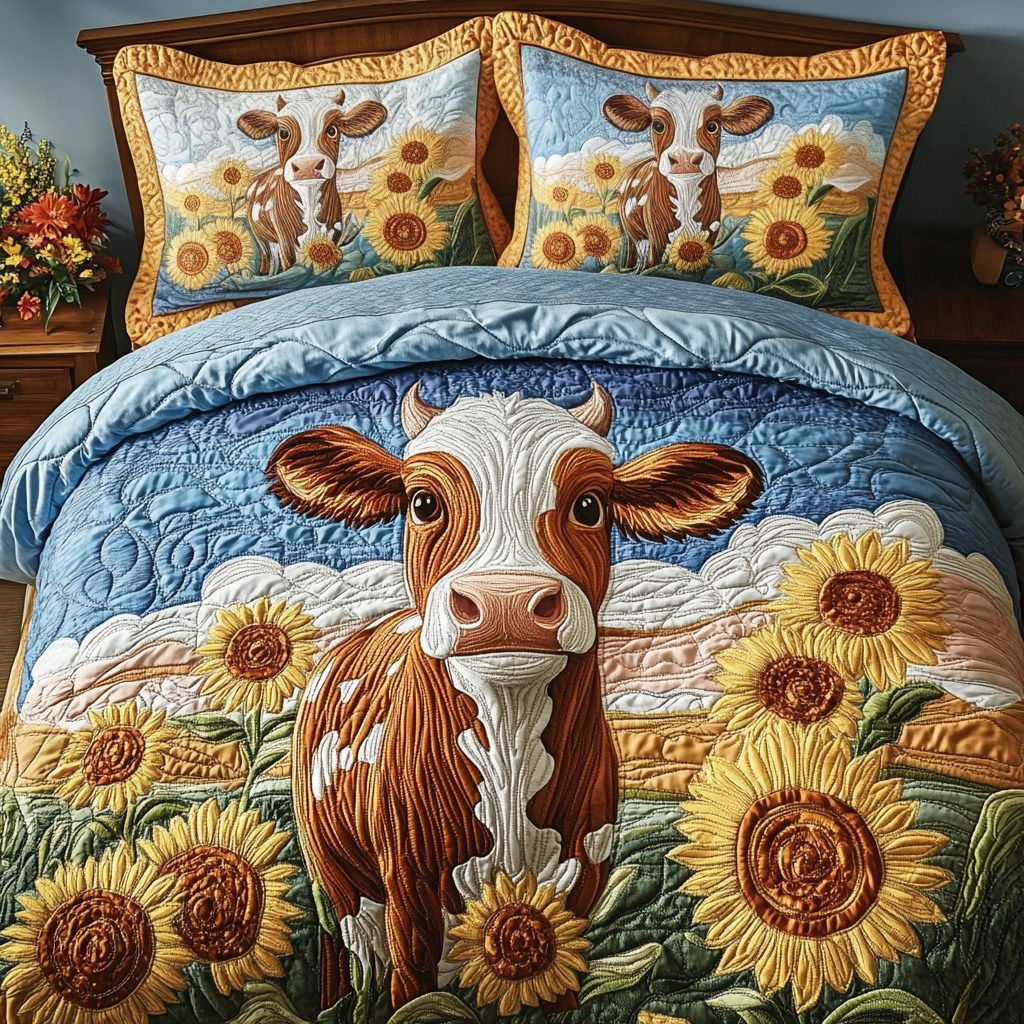 Farm Hug quilted 3-piece bedding set on a made bed with two matching pillow shams