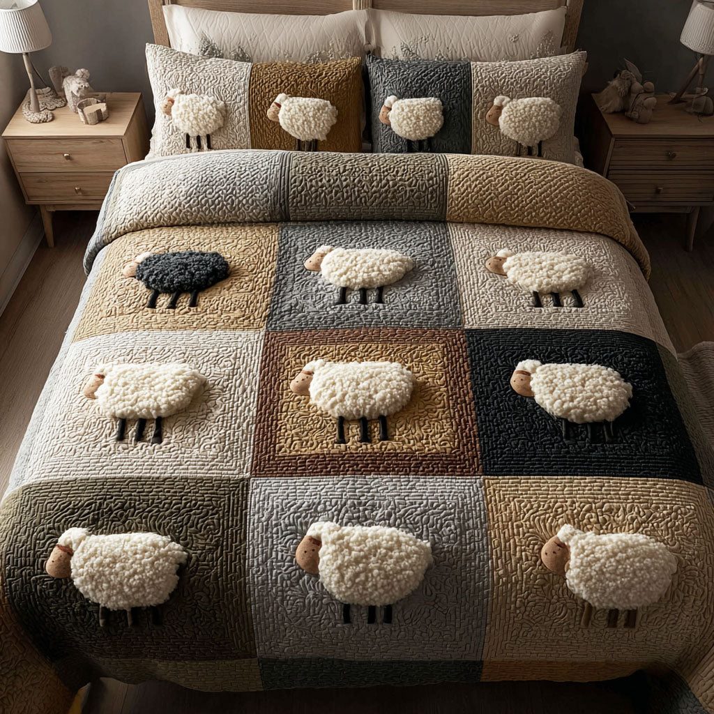 Farm Quilt quilted 3-piece bedding set on a made bed with two matching pillow shams