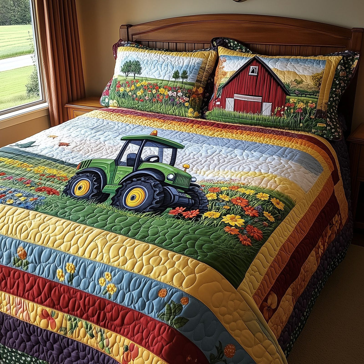 Farmer Dream quilted 3-piece bedding set on a made bed with two matching pillow shams