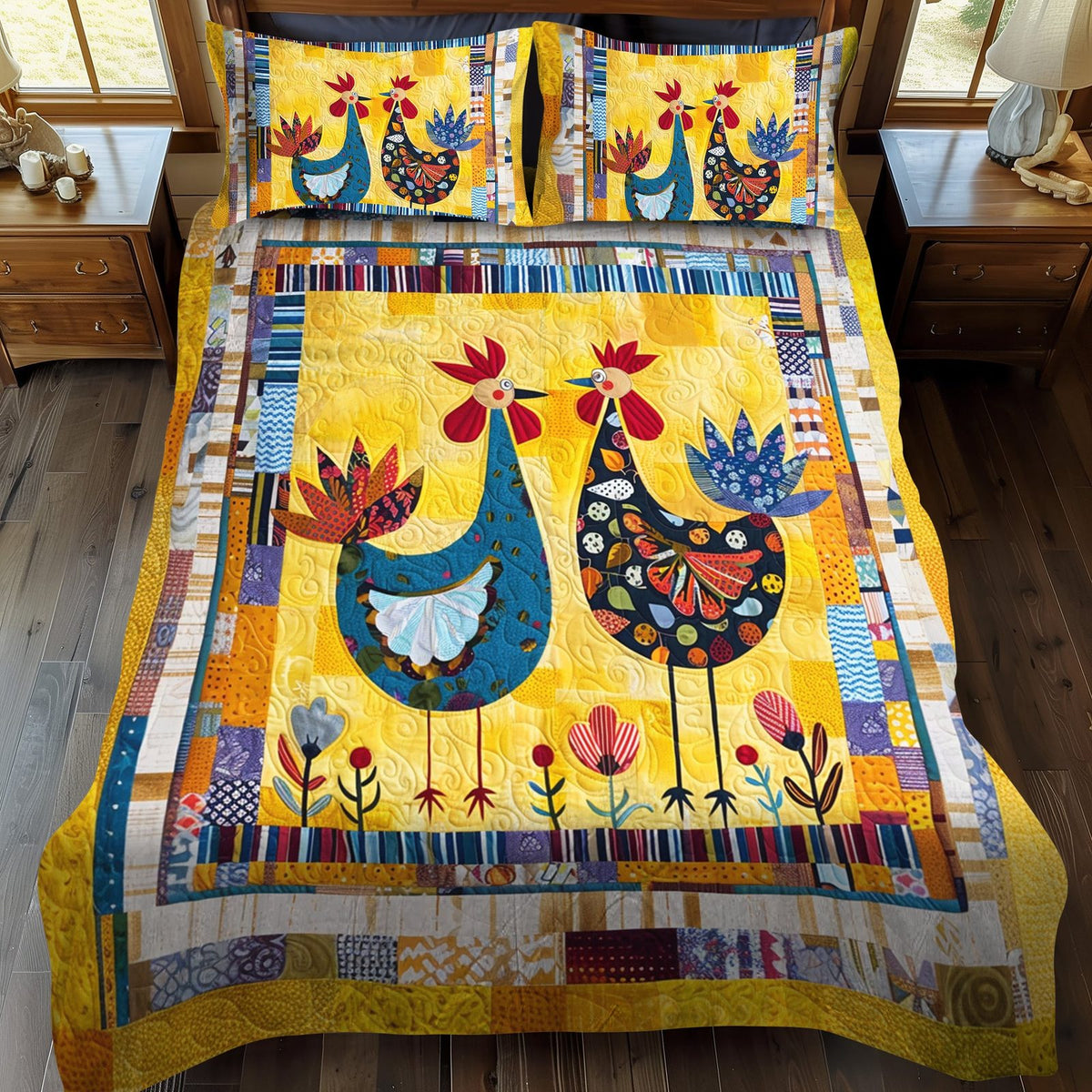 Farmhouse Bestie quilted 3-piece bedding set on a made bed in a farmhouse bedroom