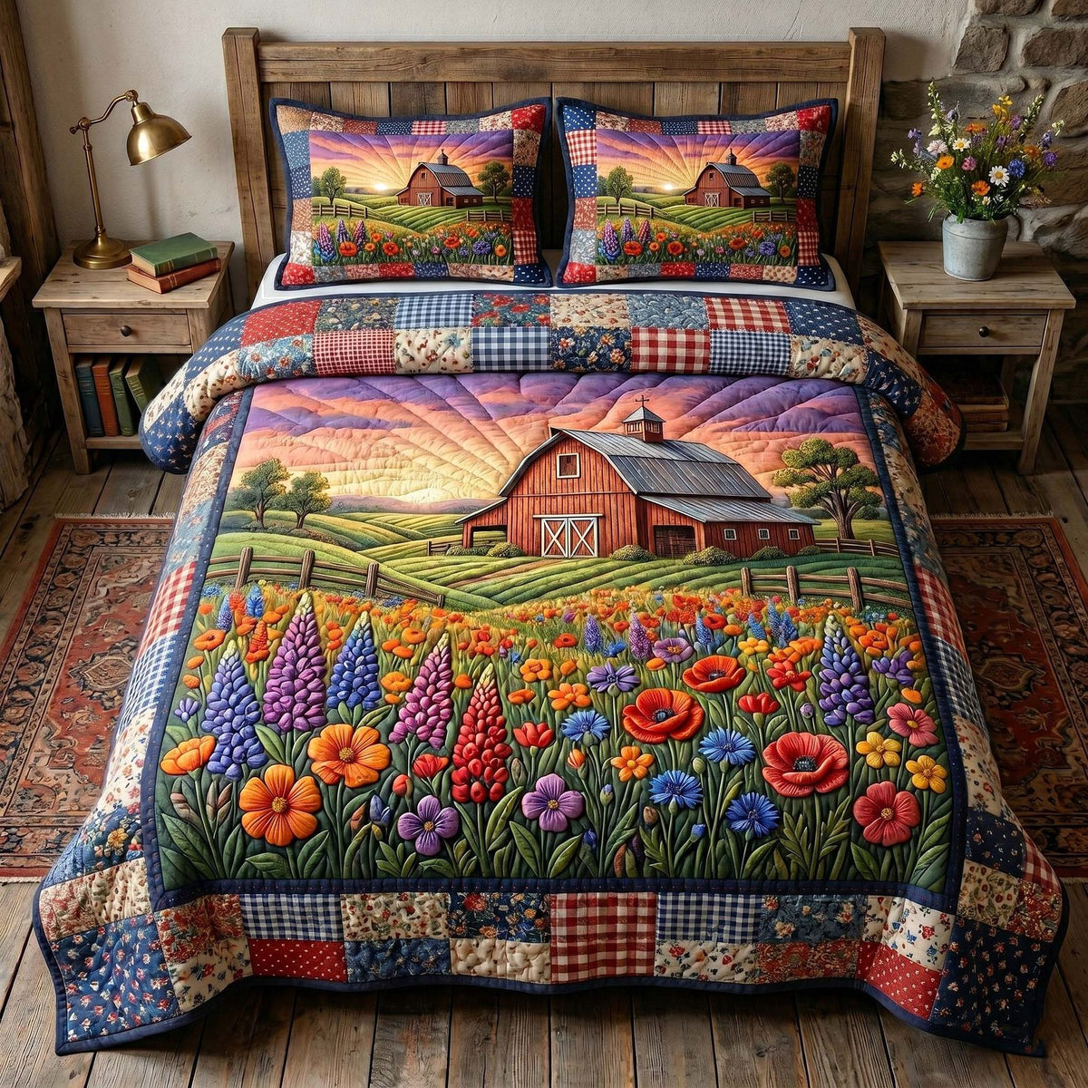Farmhouse Charm quilted 3-piece bedding set on a made bed in a farmhouse bedroom