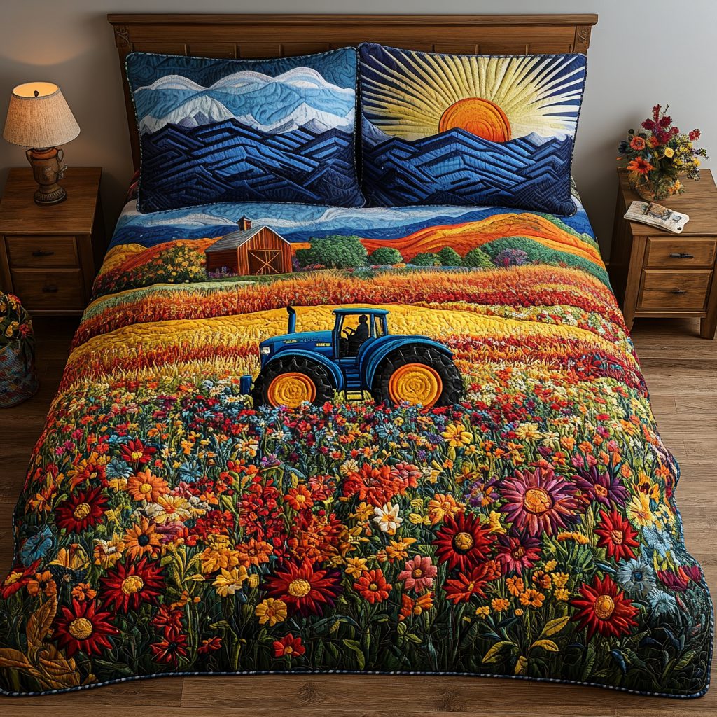 Farming Backbone quilted 3-piece bedding set on a made bed with two matching pillow shams