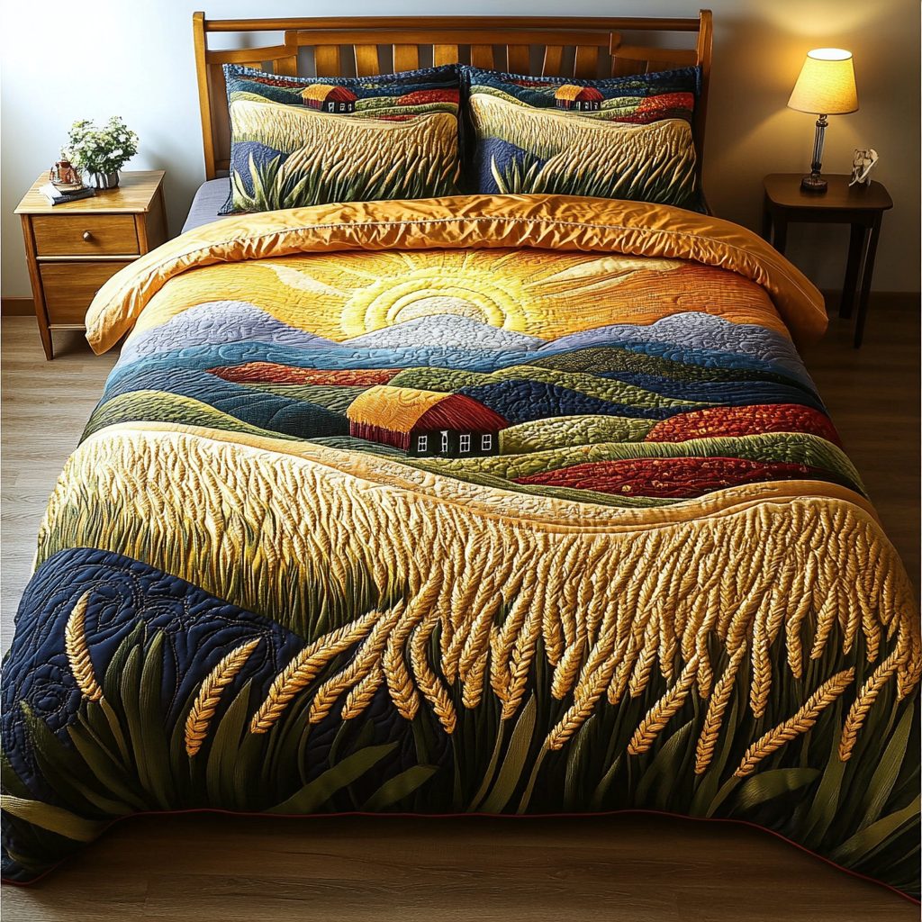 Farmview Serenity quilted 3-piece bedding set on a made bed with two matching pillow shams