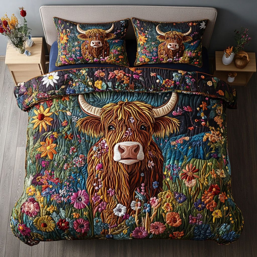 Farmyard Delight quilted 3-piece bedding set on a made bed with two matching pillow shams