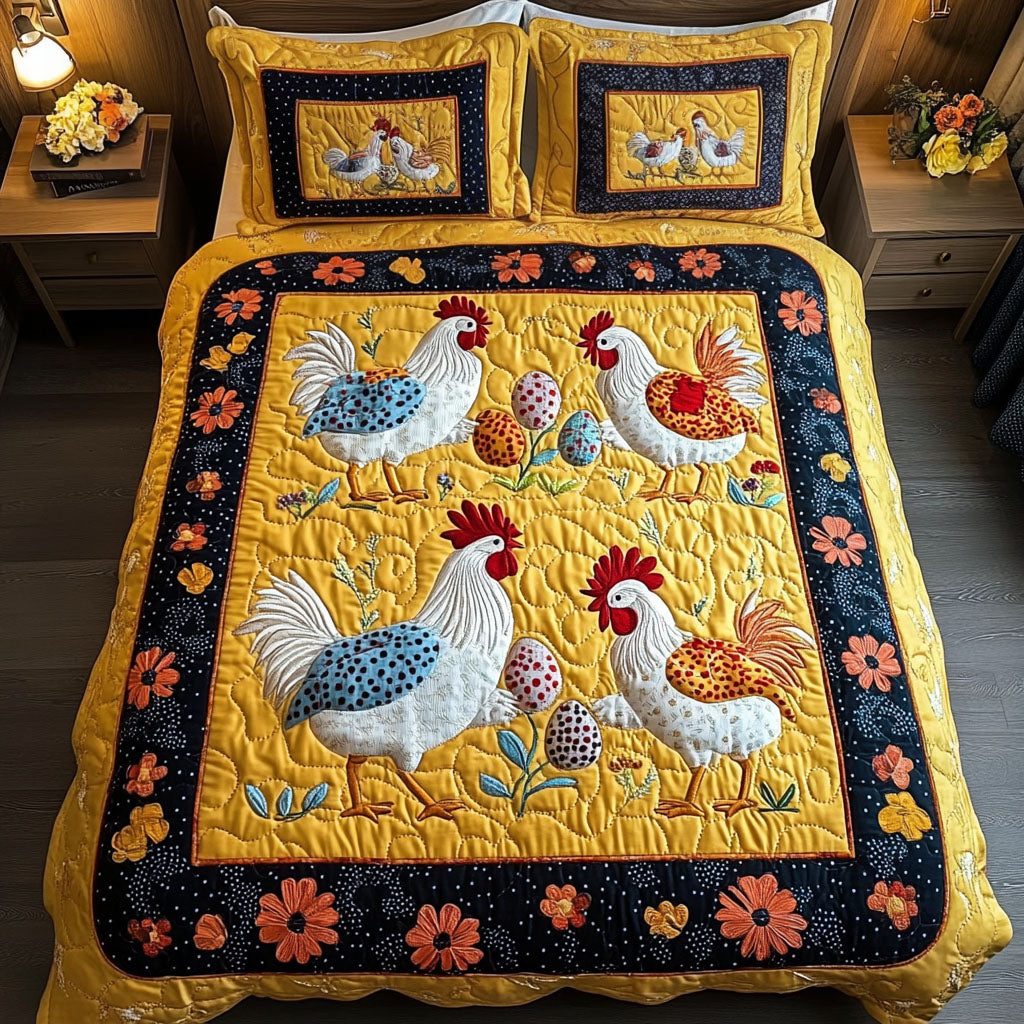 Farmyard Trio quilted 3-piece bedding set on a made bed with two matching pillow shams