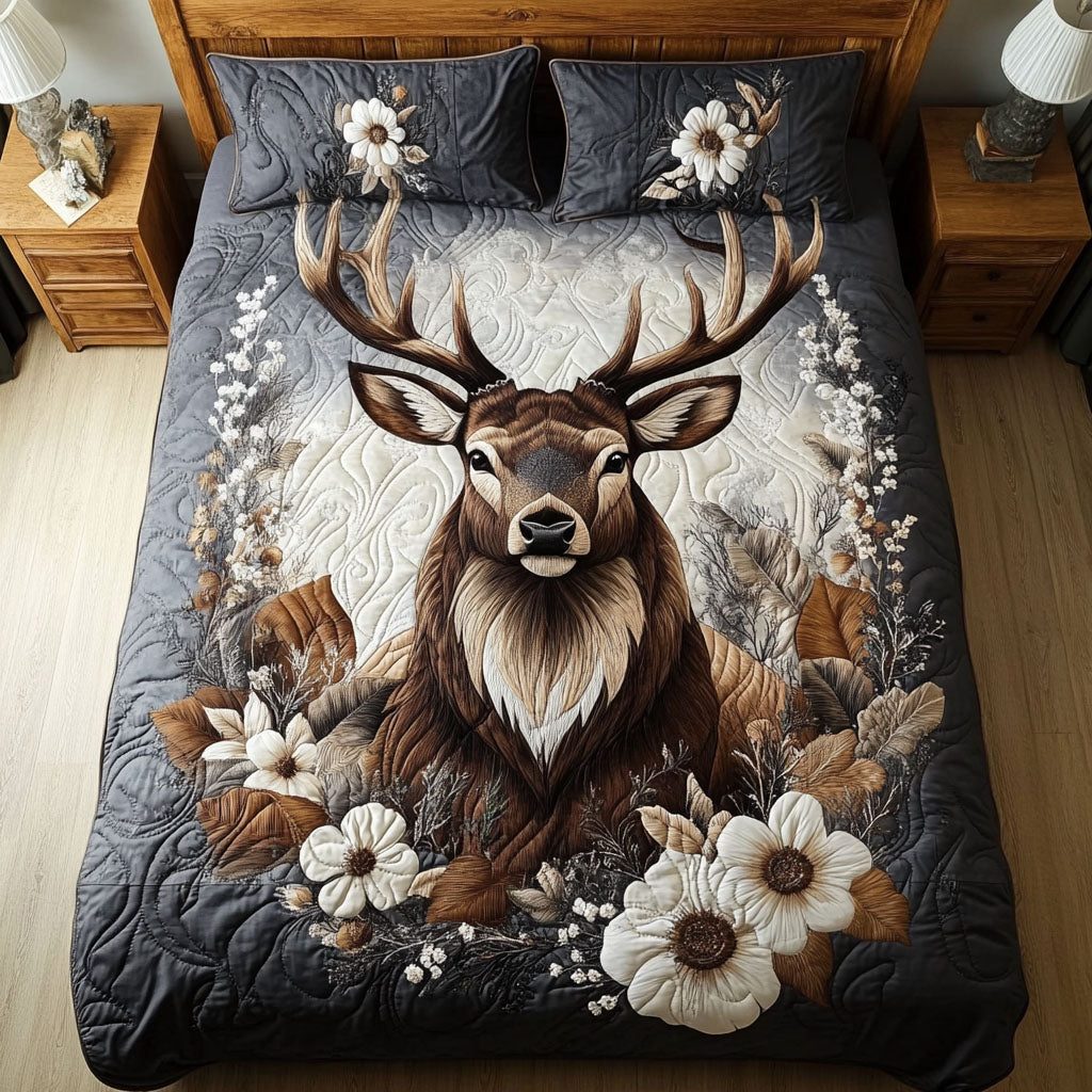 Fawn and Flora Dreams quilted 3-piece bedding set on a made bed with two matching pillow shams