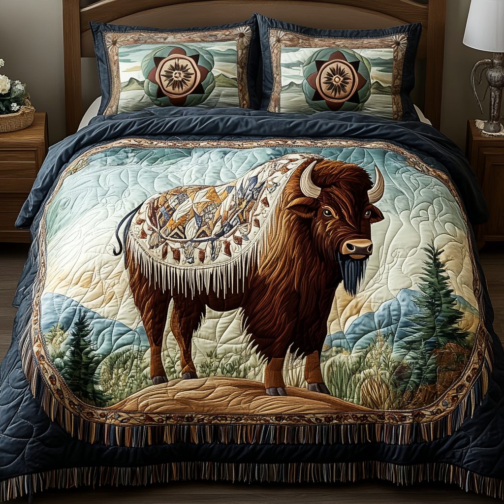 Feather Aura quilted 3-piece bedding set on a made bed with two matching pillow shams