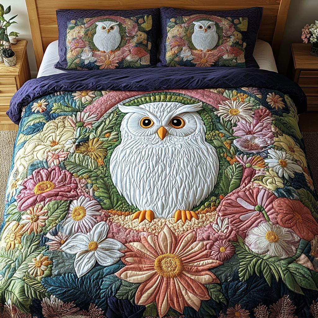Feather Bloom quilted 3-piece bedding set on a made bed with two matching pillow shams