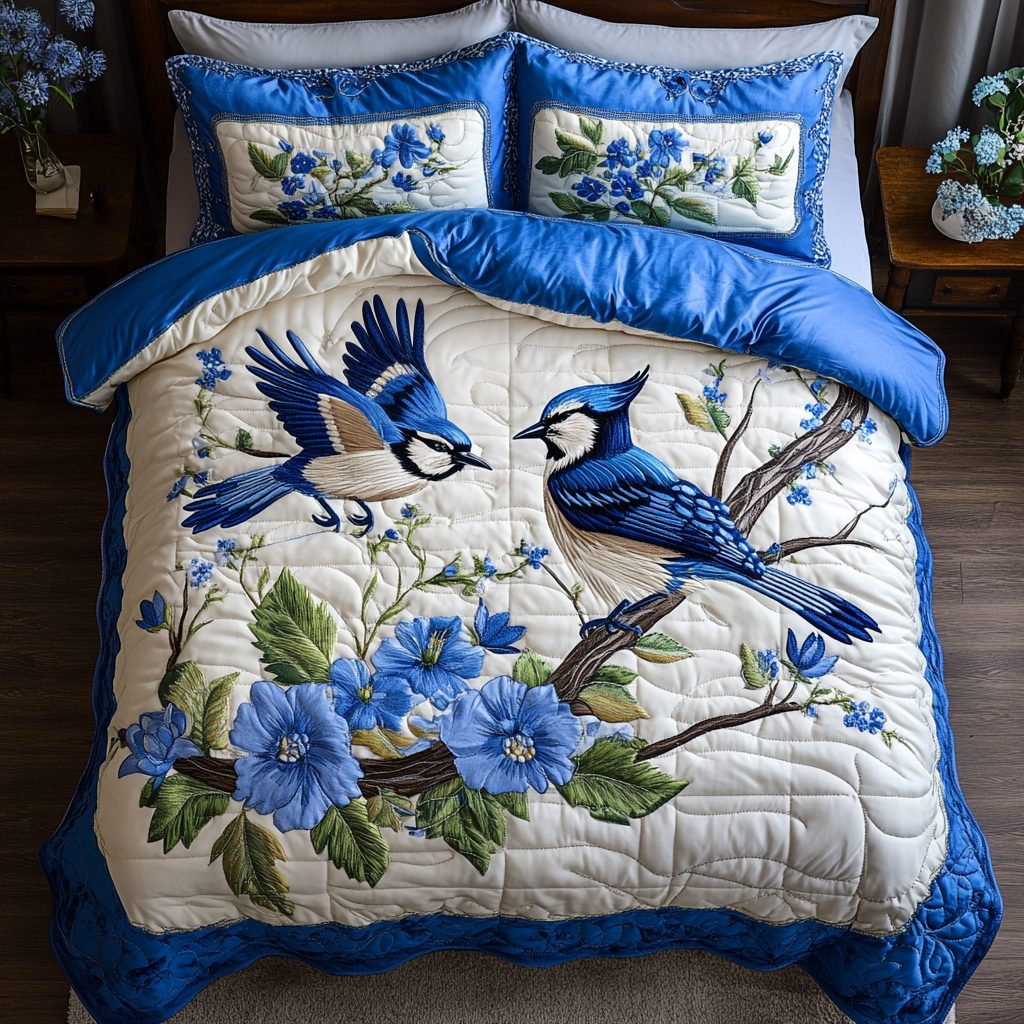 Feather Bloom quilted 3-piece bedding set on a made bed with two matching pillow shams