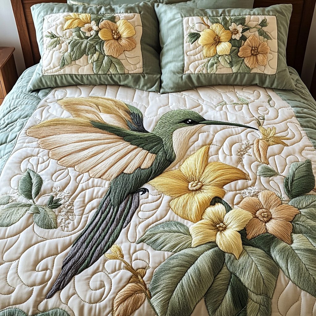 Feather Flight quilted 3-piece bedding set on a made bed with two matching pillow shams