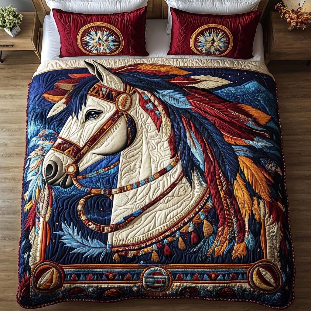 Feather Glory quilted 3-piece bedding set on a made bed with two matching pillow shams