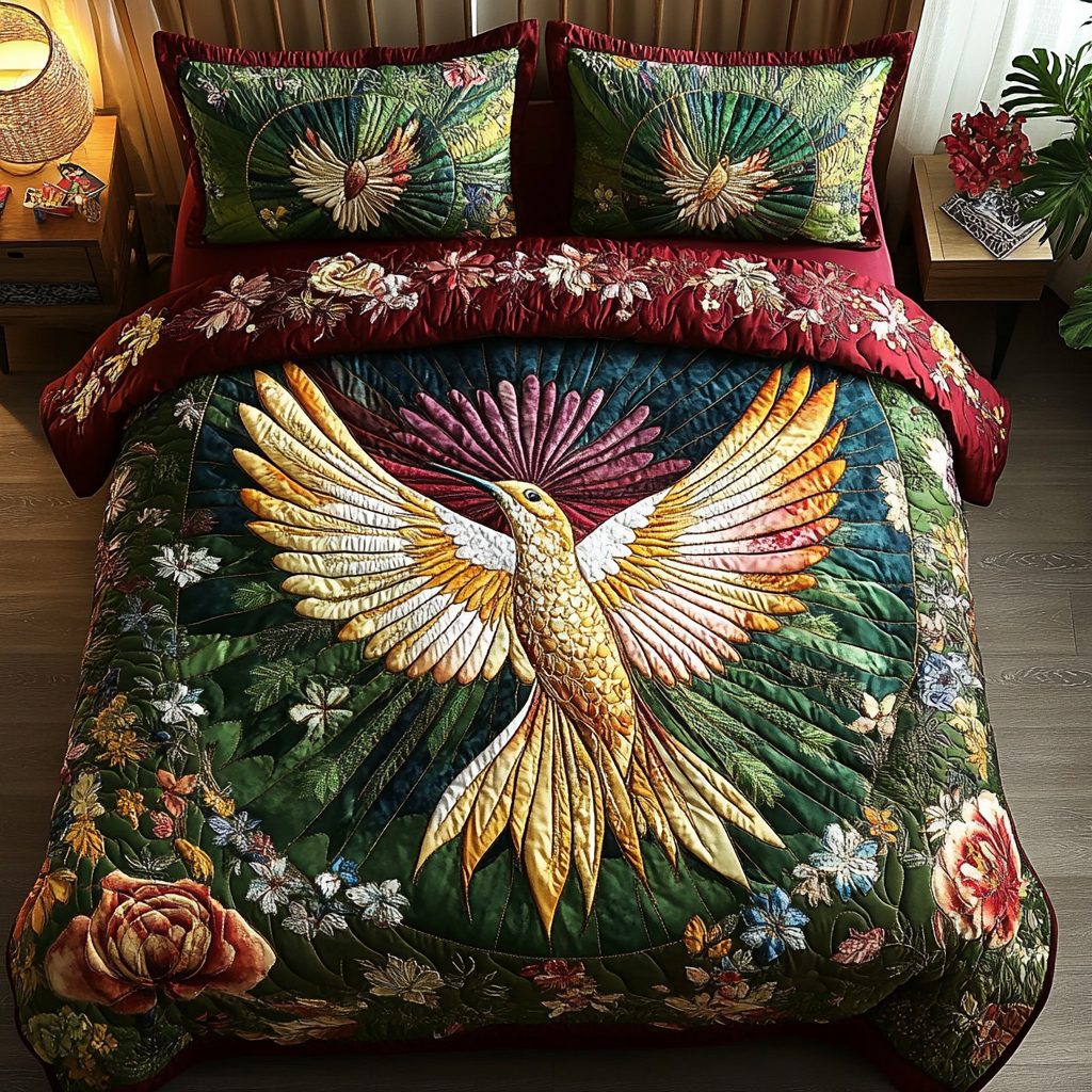 Feather Glow quilted 3-piece bedding set on a made bed with two matching pillow shams