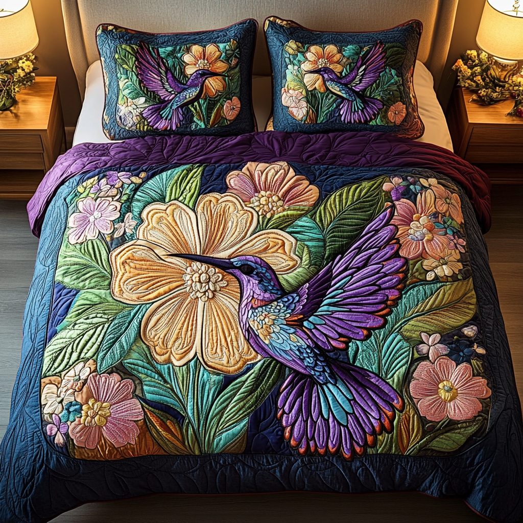 Feathered Bliss quilted 3-piece bedding set on a made bed with two matching pillow shams