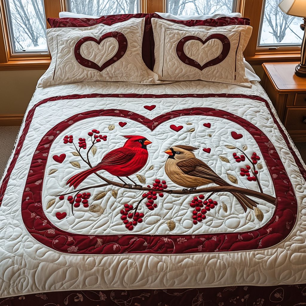 Feathered Bond quilted 3-piece bedding set on a made bed with two matching pillow shams