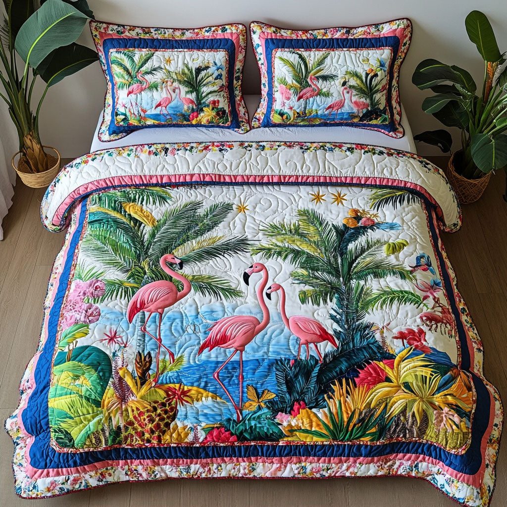 Feathered Dancer quilted 3-piece bedding set on a made bed with two matching pillow shams