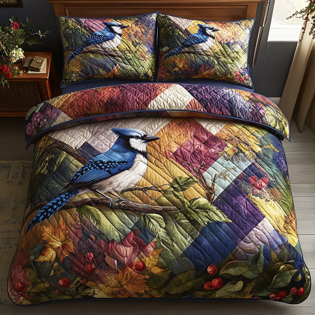 Feathered Elegance quilted 3-piece bedding set on a made bed with two matching pillow shams