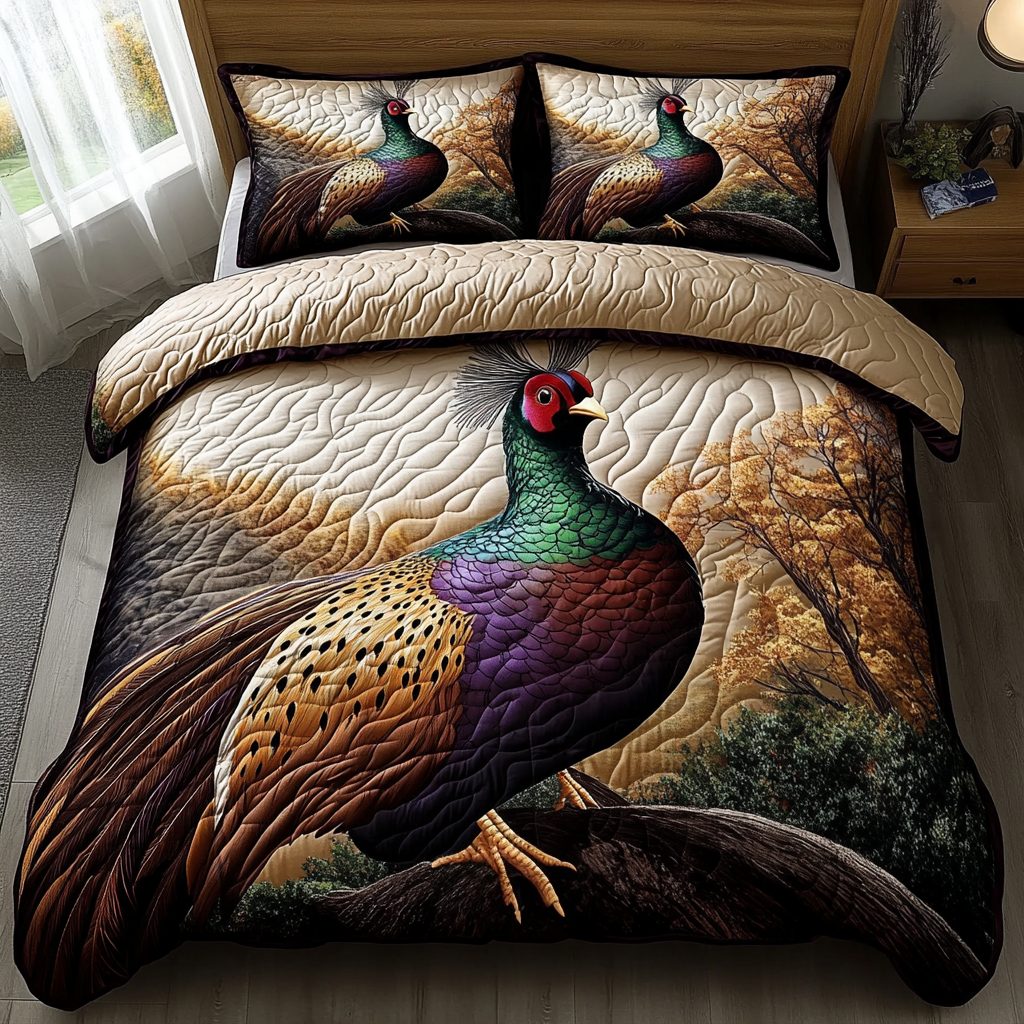 Feathered Elegance quilted 3-piece bedding set on a made bed with two matching pillow shams