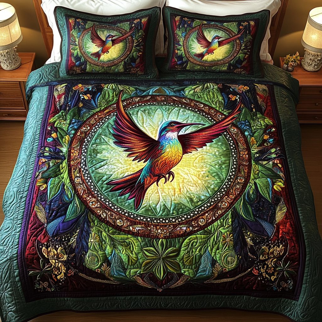Feathered Fantasy quilted 3-piece bedding set on a made bed with two matching pillow shams