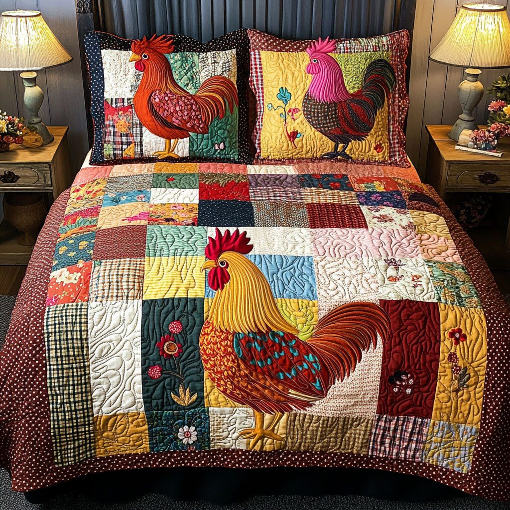 Feathered Flock quilted 3-piece bedding set on a made bed with two matching pillow shams