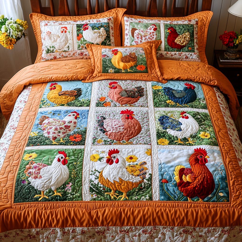 Feathered Friends quilted 3-piece bedding set on a made bed with two matching pillow shams