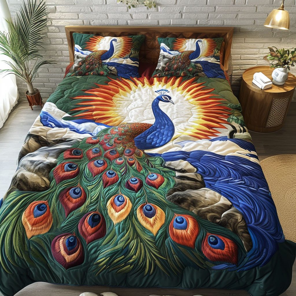 Feathered Glory in Nature quilted 3-piece bedding set on a made bed with two matching pillow shams
