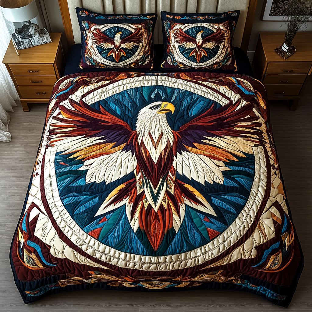 Feathered Glory quilted 3-piece bedding set on a made bed with two matching pillow shams