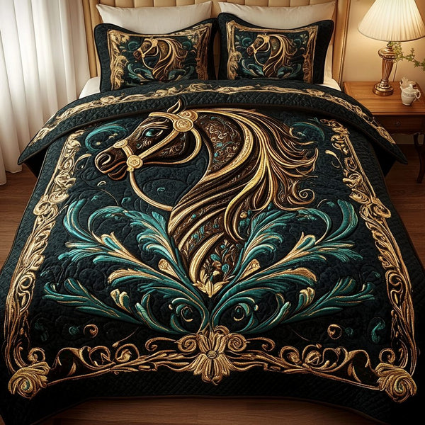 Feathered Grace quilted 3-piece bedding set on a made bed with two matching pillow shams