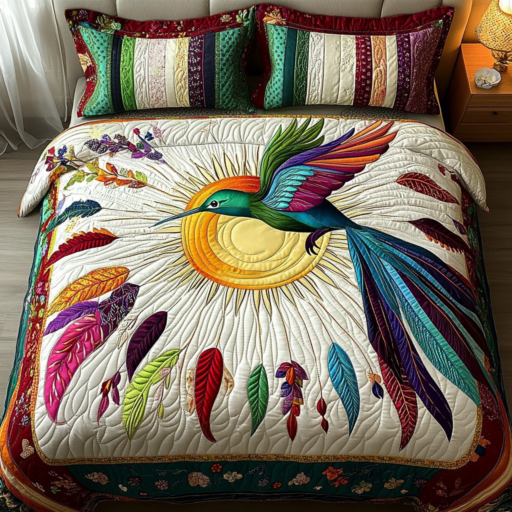 Feathered Grace quilted 3-piece bedding set on a made bed with two matching pillow shams