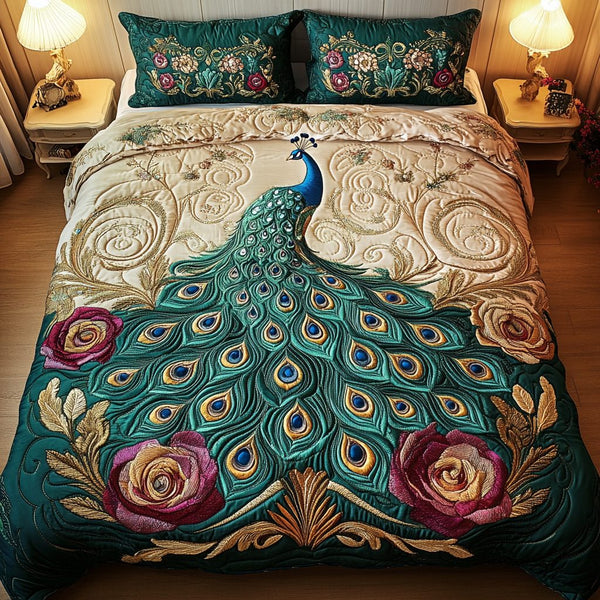 Feathered Jewel quilted 3-piece bedding set on a made bed with two matching pillow shams