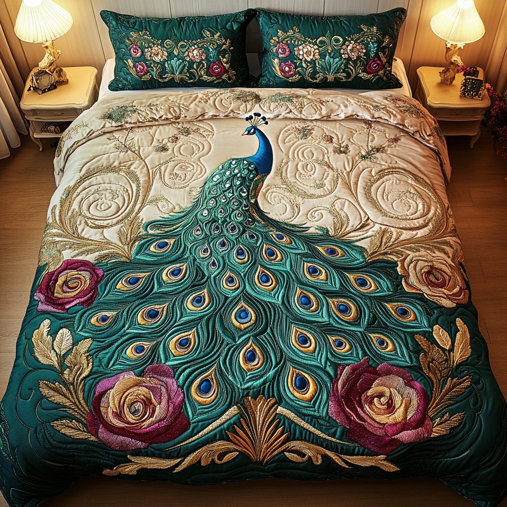 Feathered Jewel quilted 3-piece bedding set on a made bed with two matching pillow shams