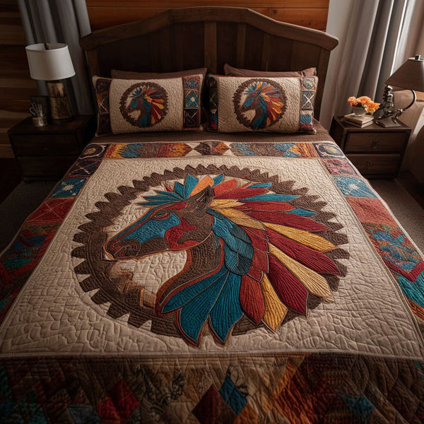 Feathered Pride quilted 3-piece bedding set on a made bed with two matching pillow shams