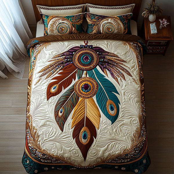 Feathered Reverie quilted 3-piece bedding set on a made bed with two matching pillow shams