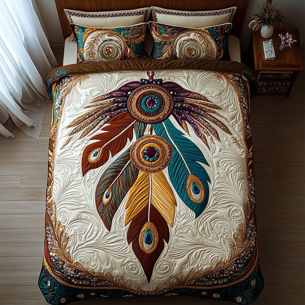 Feathered Reverie quilted 3-piece bedding set on a made bed with two matching pillow shams