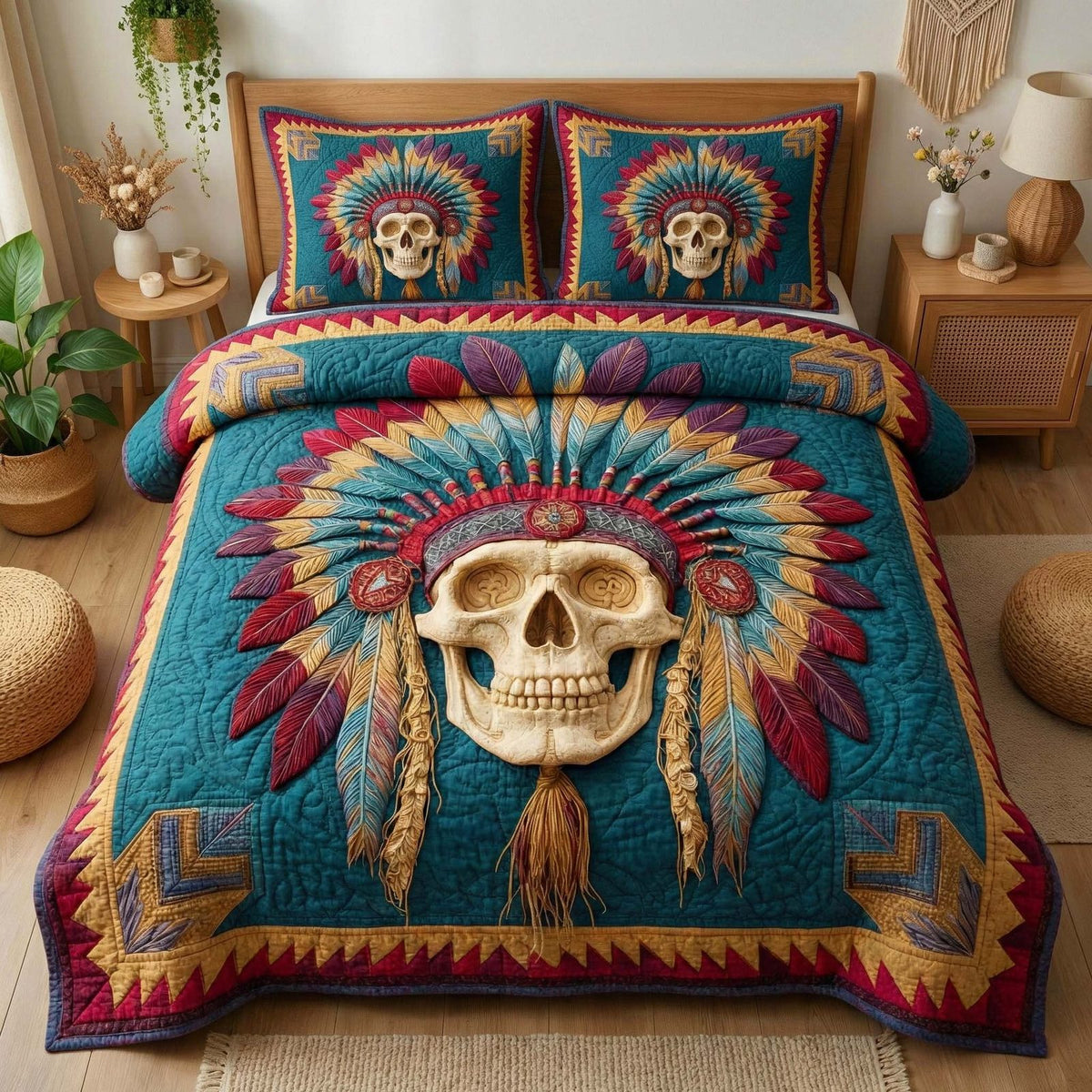 Feathered Skull quilted 3-piece bedding set on a made bed against a dark styled interior