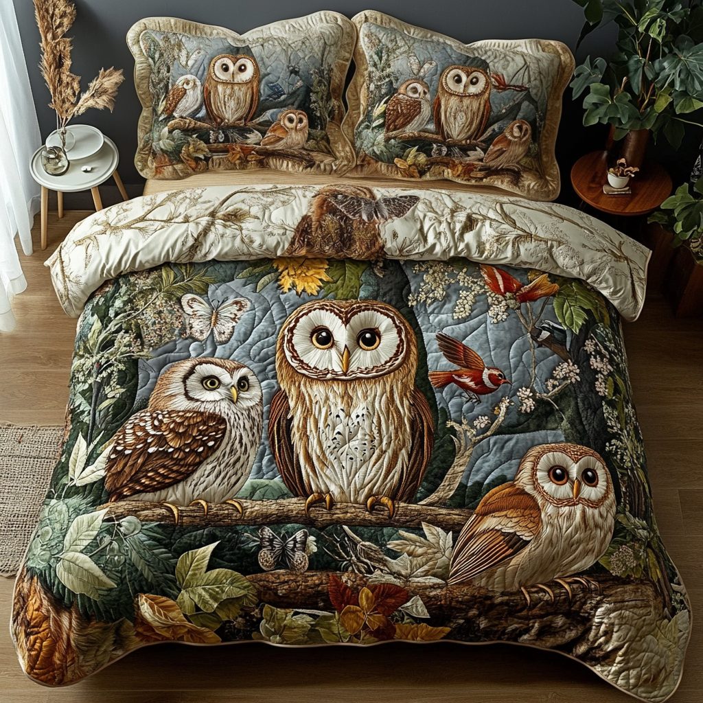 Feathered Sleep quilted 3-piece bedding set on a made bed with two matching pillow shams