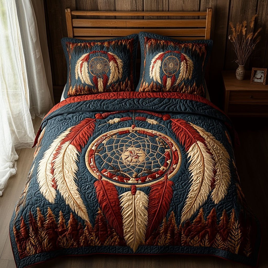 Feathered Snare quilted 3-piece bedding set on a made bed with two matching pillow shams
