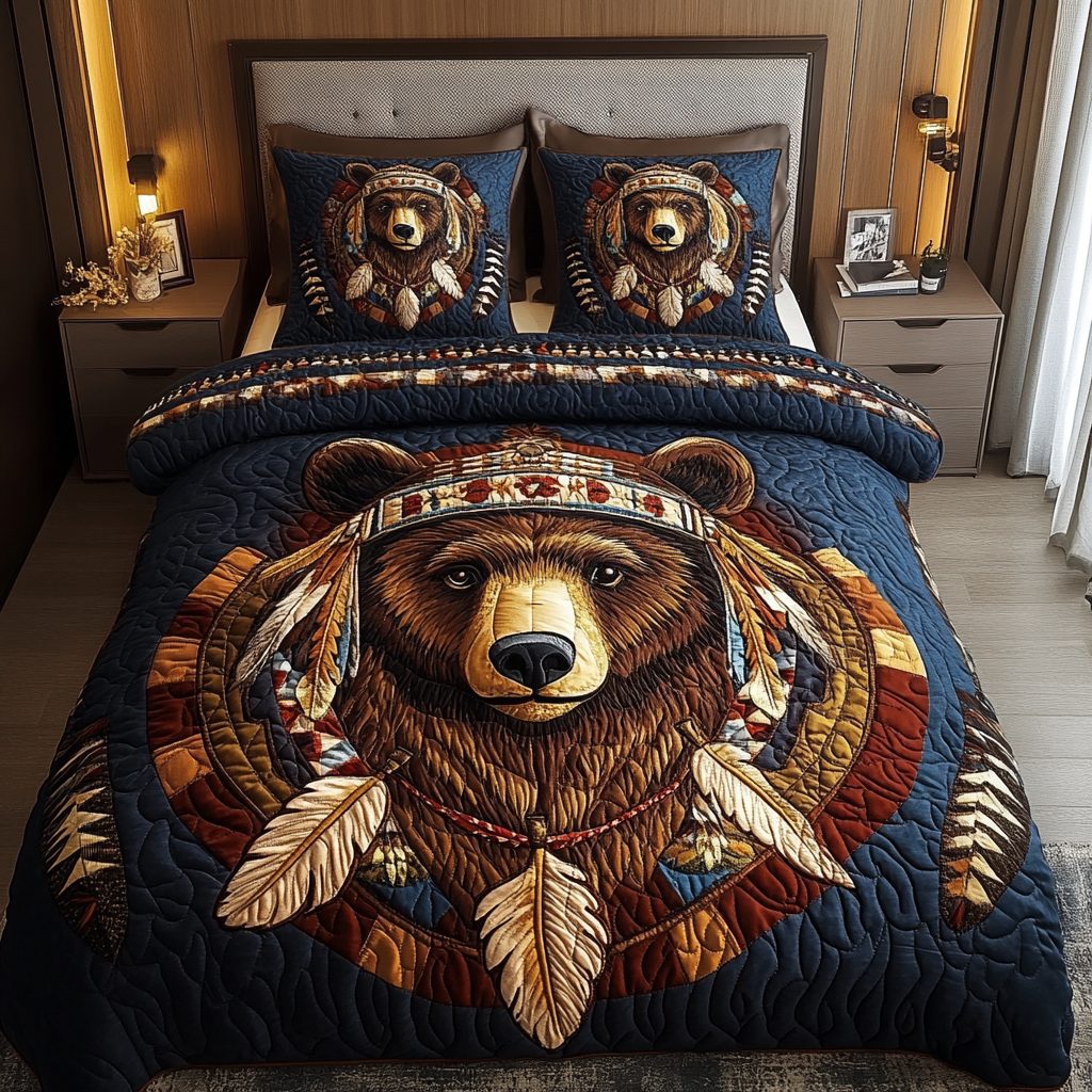 Feathered Strength quilted 3-piece bedding set on a made bed with two matching pillow shams