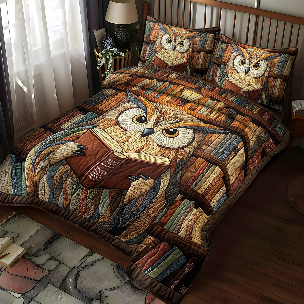 Feathers and Fiction quilted 3-piece bedding set on a made bed with two matching pillow shams