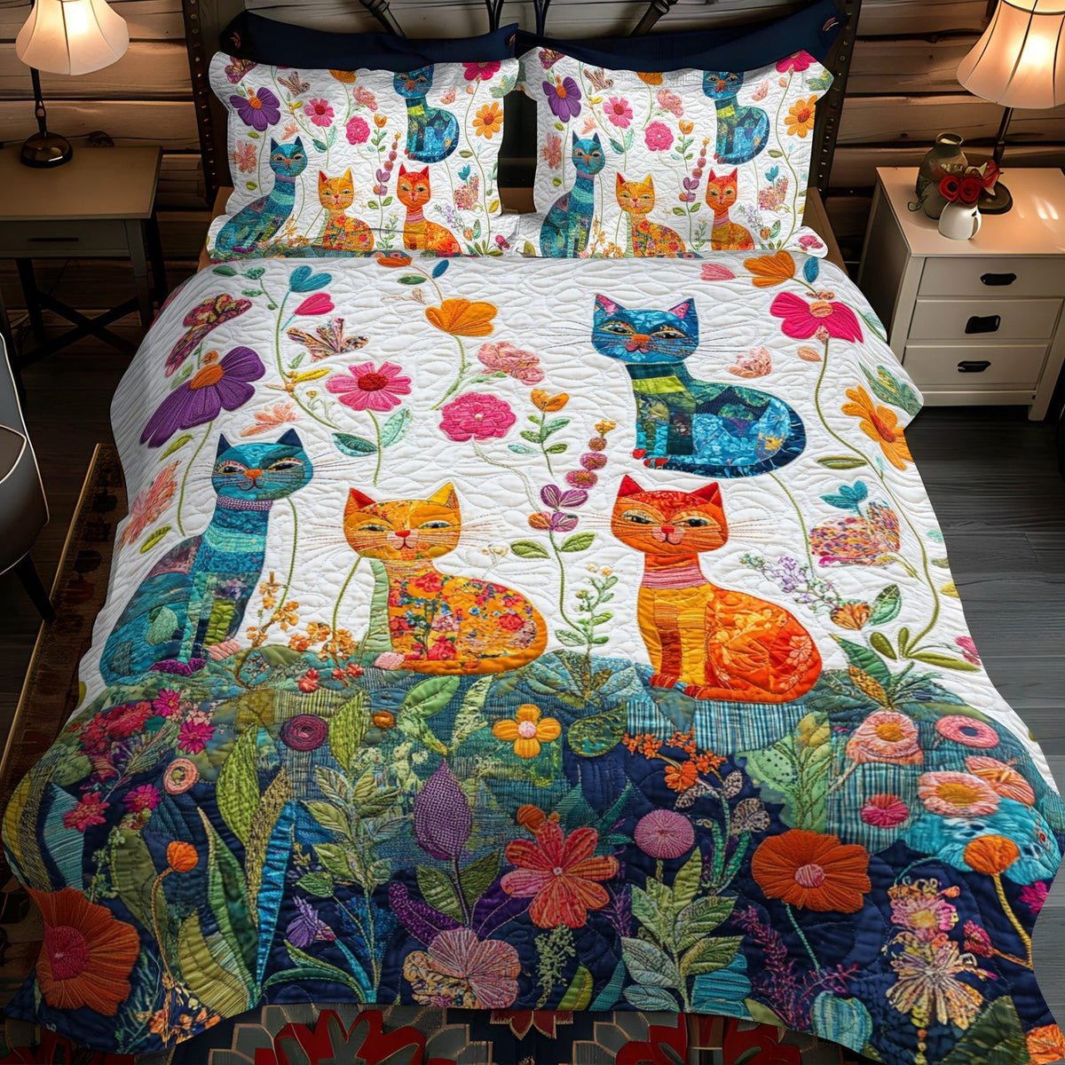 Feline Cat Fantasy quilted 3-piece bedding set on a made bed with two matching pillow shams