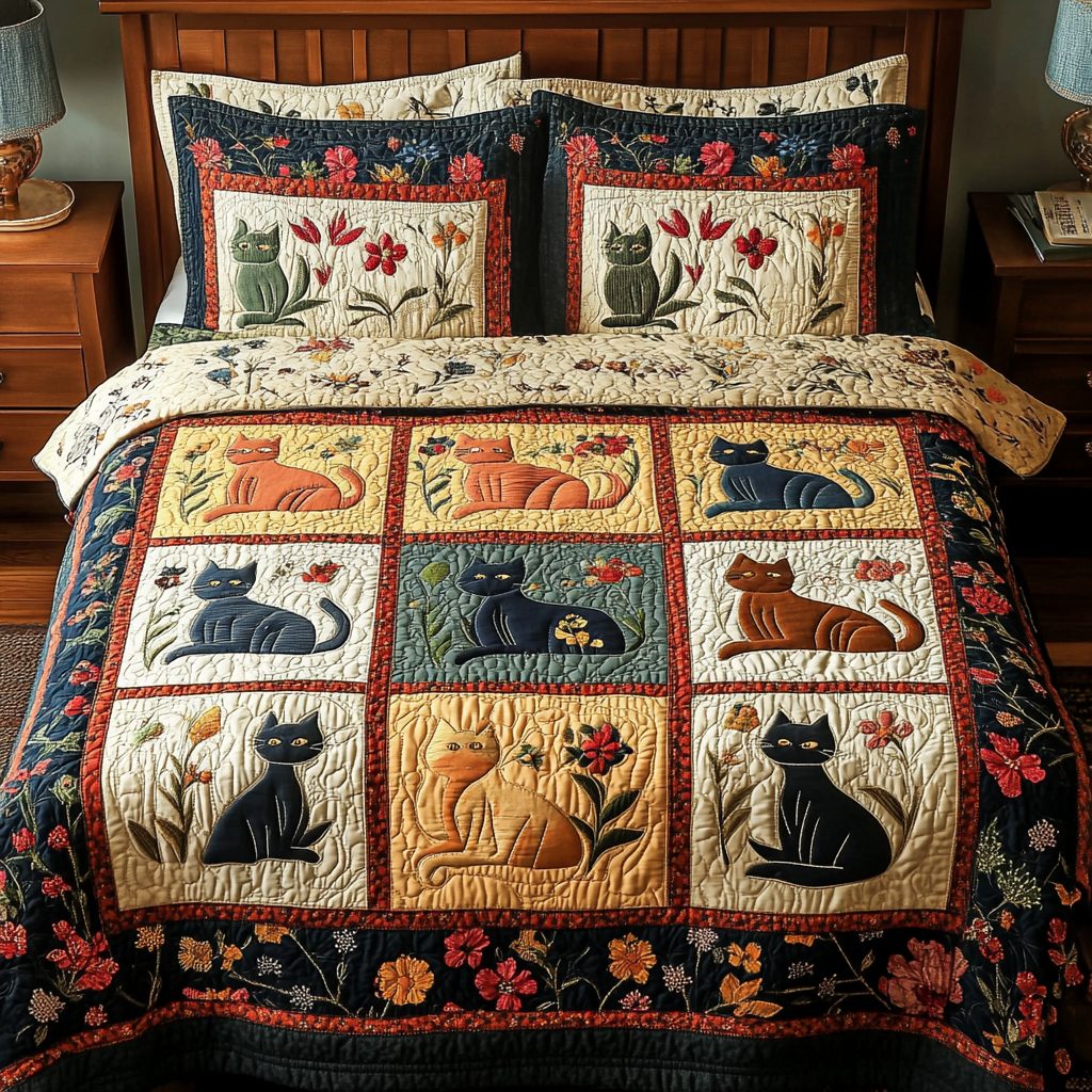 Feline Comfort quilted 3-piece bedding set on a made bed with two matching pillow shams