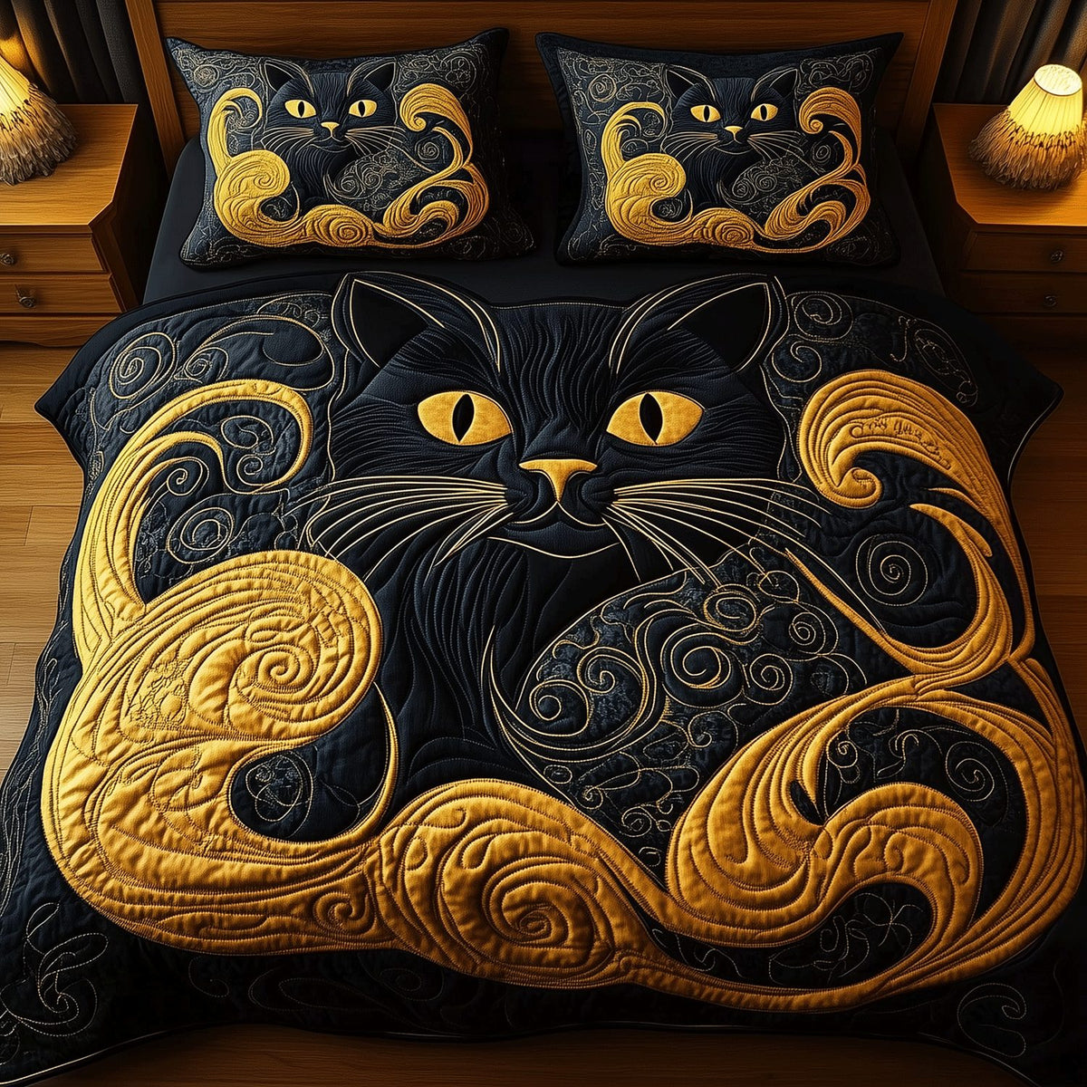 Feline Elegance quilted 3-piece bedding set on a made bed with two matching pillow shams